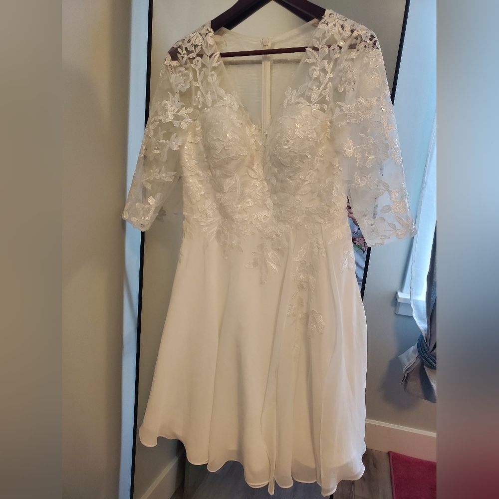 NWT JJ House A-line V-Neck Knee-Length Chiffon Lace Wedding Dress Sequin Ivory 8
